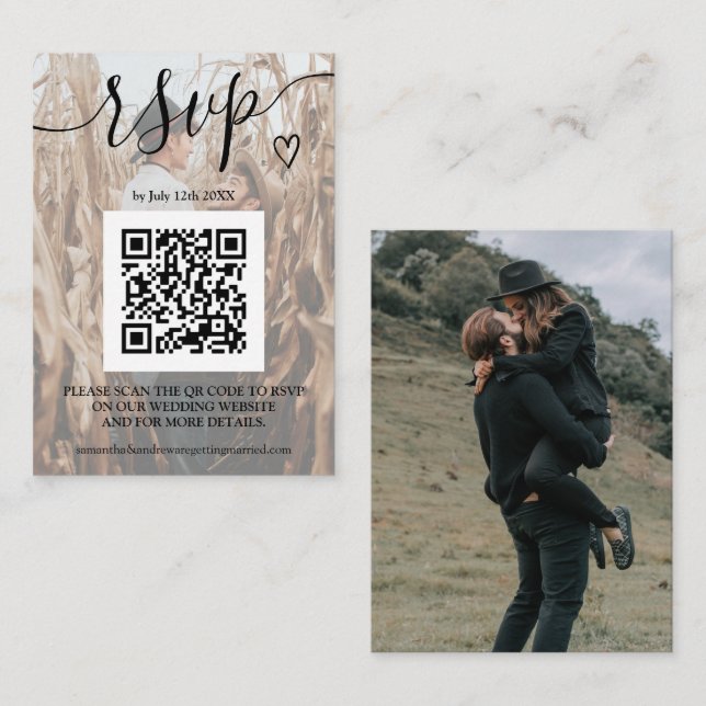 Tarjeta De Recepción Boda blanca simple rsvp Qr código 2 fotos (Anverso / Reverso)