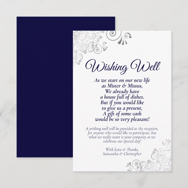 Tarjeta De Recepción Boda blanco azul y plateado de la marina deseando  (Anverso / Reverso)