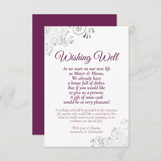Tarjeta De Recepción Boda blanco magenta y plateado deseando poema buen (Anverso / Reverso)