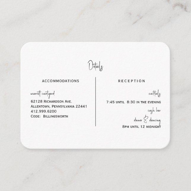 Tarjeta De Recepción Boda blanco simple detalle barra de caja redondead (Anverso)