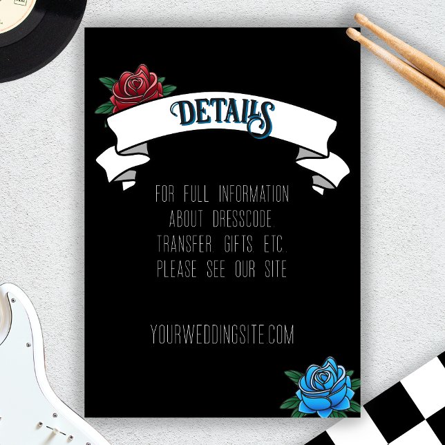 Tarjeta De Recepción Boda blanco y negro con tatuajes, tatuaje rosa (Black and White Tattoo Rock Wedding Enclosure Card)