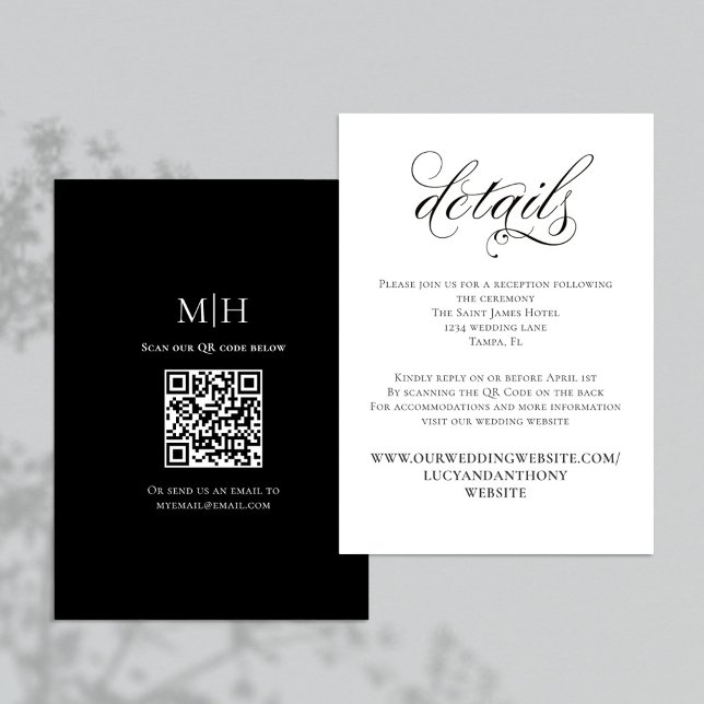 Tarjeta De Recepción Boda blanco y negro Detalles del código QR RSVP (Black and White calligraphy script enclosure card with scannable QR Code. )