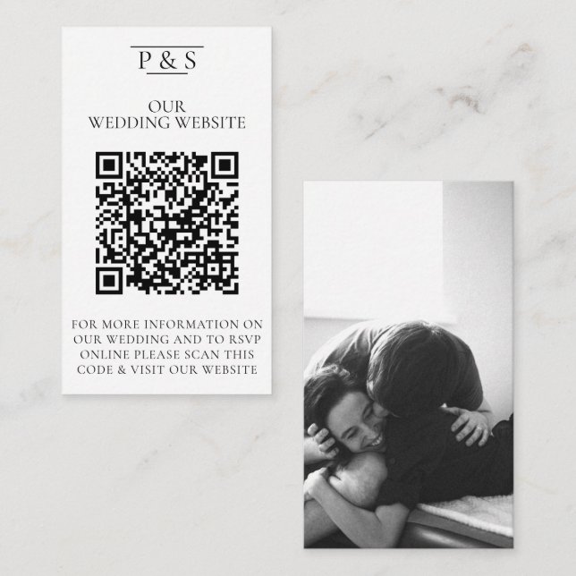 Tarjeta De Recepción Boda blanco y negro Sitio web QR Code Photo Rsvp (Anverso / Reverso)