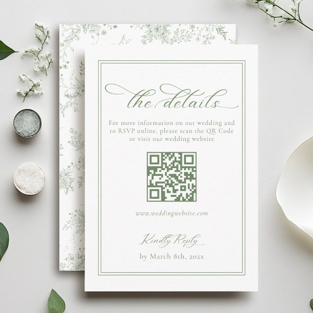 Tarjeta De Recepción Boda blanco y verde Detalles del código Qr (Subido por el creador)