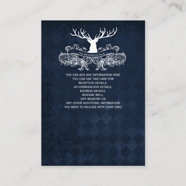 Tarjeta De Recepción Boda Blue Rustic Antler Deer Woodland (Anverso)