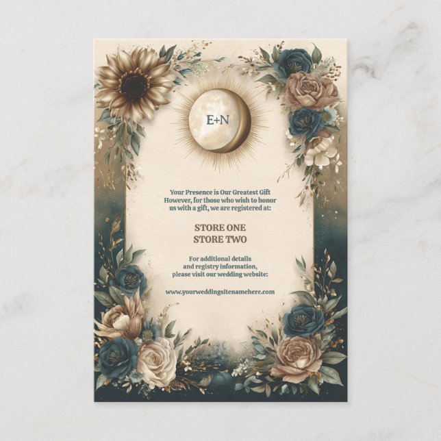 Tarjeta De Recepción Boda Boho Floral Rústica Sol Luna Celestial (Anverso)
