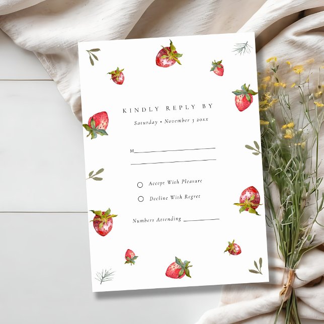 Tarjeta De Recepción Boda Botánica Cute Red Strawberry Leafy RSVP (Subido por el creador)
