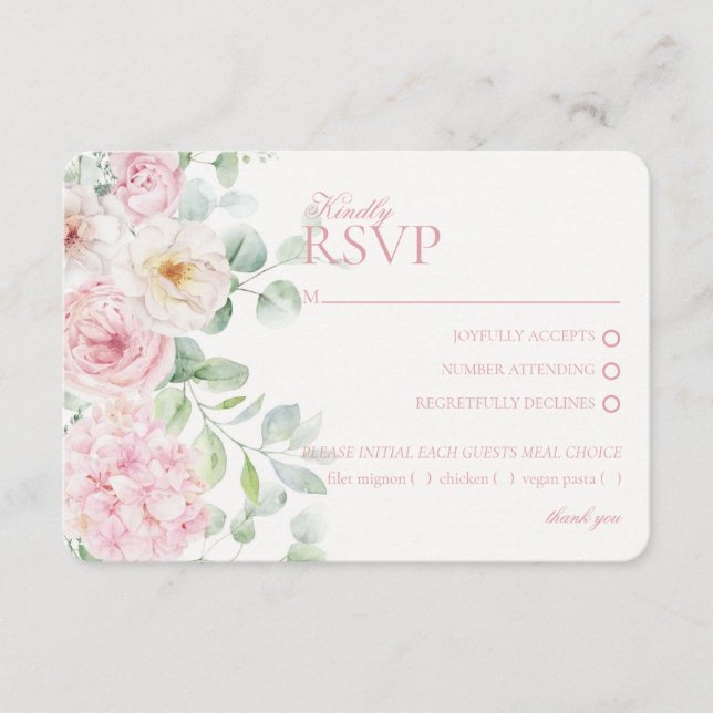 Tarjeta De Recepción Boda botánica de Hydrangea Floral Rosa RSVP (Anverso)