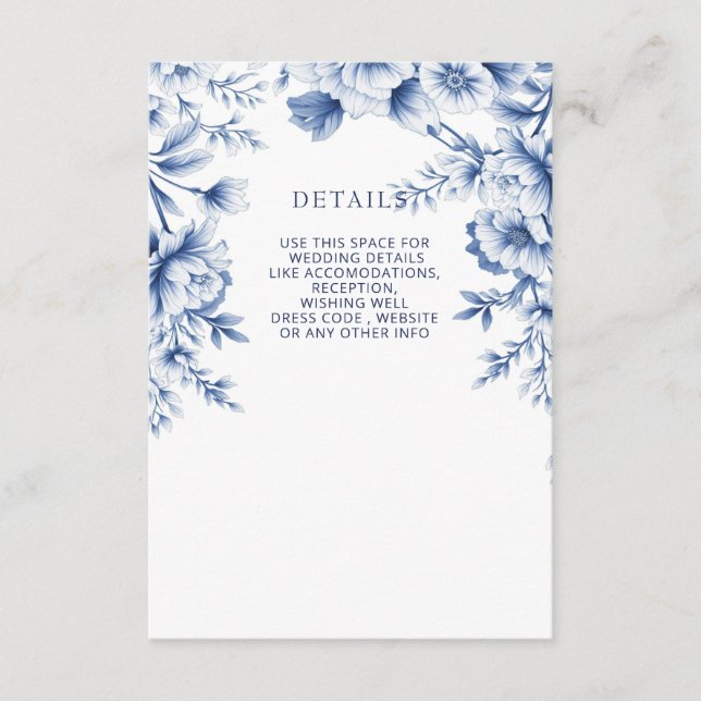 Tarjeta De Recepción Boda Botánica Floral de Chinoiserie Azul Elegante (Anverso)