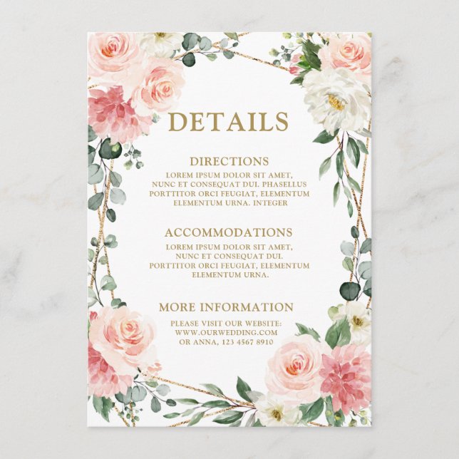 Tarjeta De Recepción Boda Botánica Geométrica Dorada Floral Rosa Sonroj (Anverso)