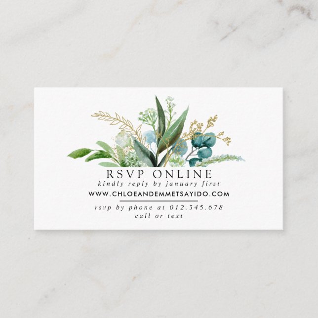 Tarjeta De Recepción Boda Botánica Verde de Blanco y Oro RSVP (Anverso)