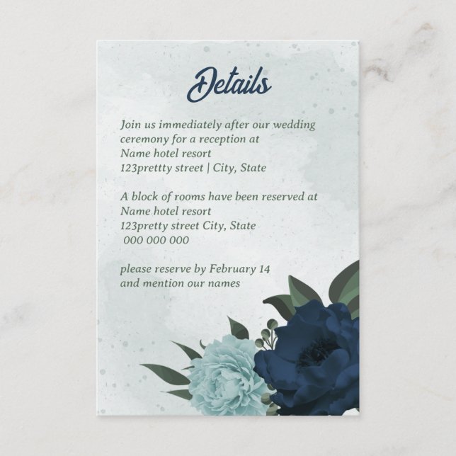 Tarjeta De Recepción Boda botánico de flores azul y marina turbias (Anverso)