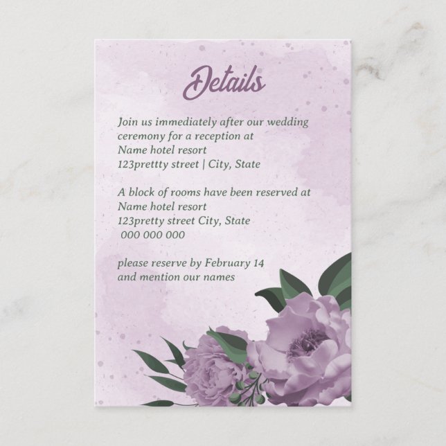 Tarjeta De Recepción boda botánico de flores púrpura (Anverso)