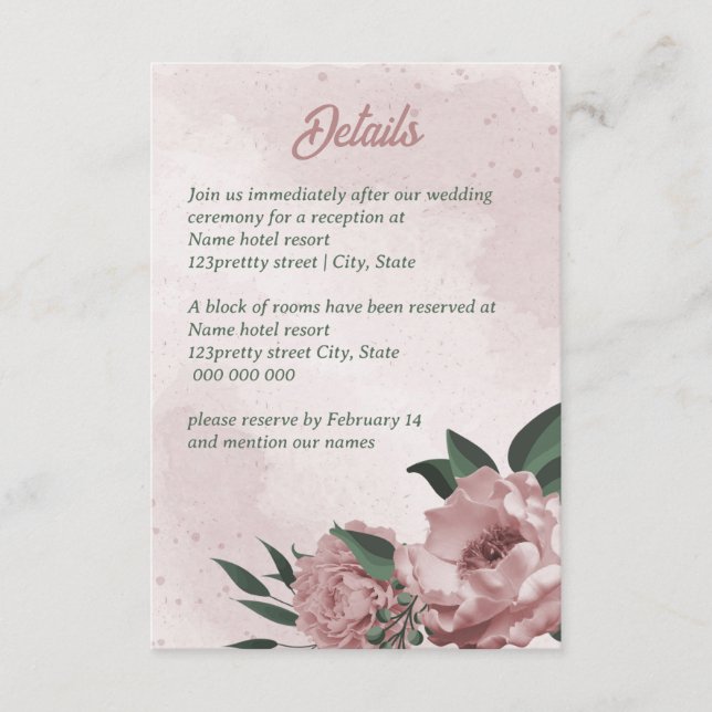 Tarjeta De Recepción boda botánico de flores rosadas bonitos (Anverso)