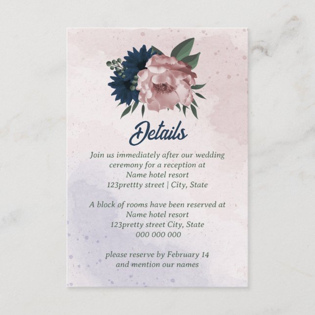 Tarjeta De Recepción boda botánico de flores rosadas y marinas (Anverso)