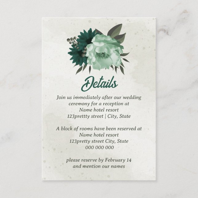 Tarjeta De Recepción boda botánico de flores verdes esmeraldas (Anverso)