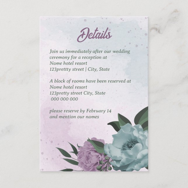 Tarjeta De Recepción boda botánico de las flores moradas azules (Anverso)