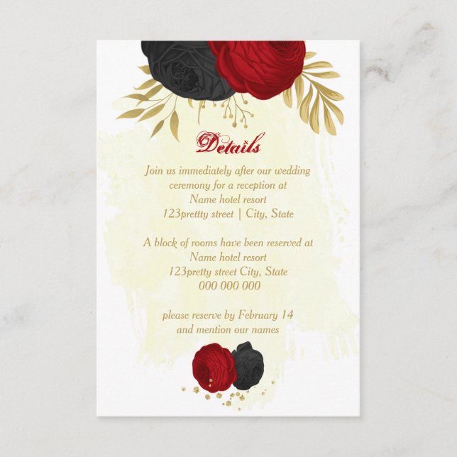 Tarjeta De Recepción boda botánico de oro de flores rojas y negras (Anverso)
