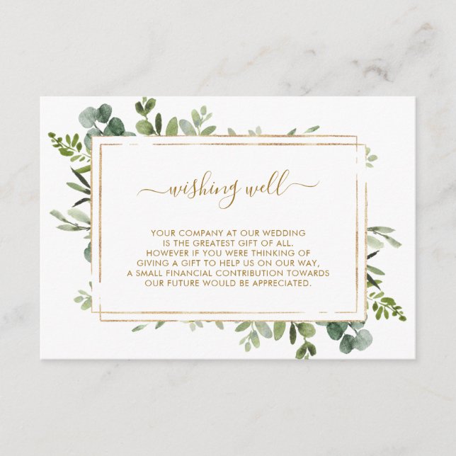 Tarjeta De Recepción Boda Botánico de Verdor de Oro Deseando Bien (Anverso)