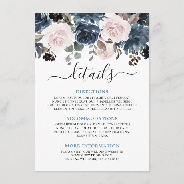 Tarjeta De Recepción Boda Botánico Dusty Blue Rubor Pink Floral (Anverso)