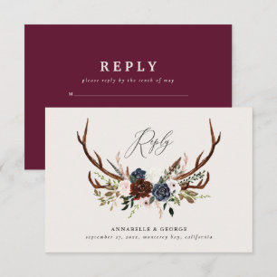 Tarjeta De Recepción Boda botánico floral de la marina burdeos rusa