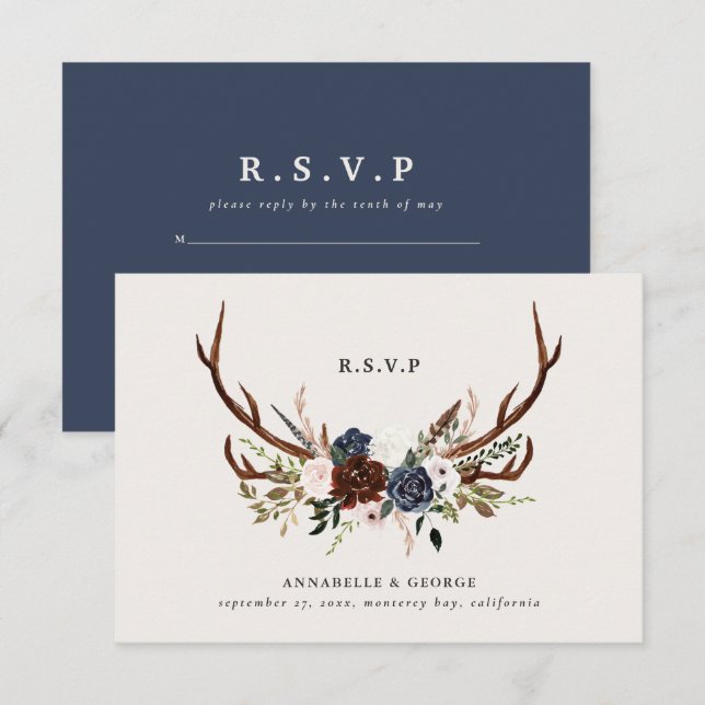 Tarjeta De Recepción Boda botánico floral de la marina burdeos rusa (Anverso / Reverso)