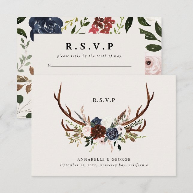 Tarjeta De Recepción Boda botánico floral de la marina burdeos rusa (Anverso / Reverso)