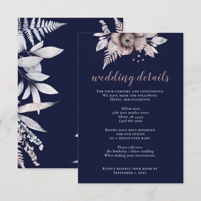 Tarjeta De Recepción Boda botánico floral de la Marina Rusa Mauve (Anverso / Reverso)