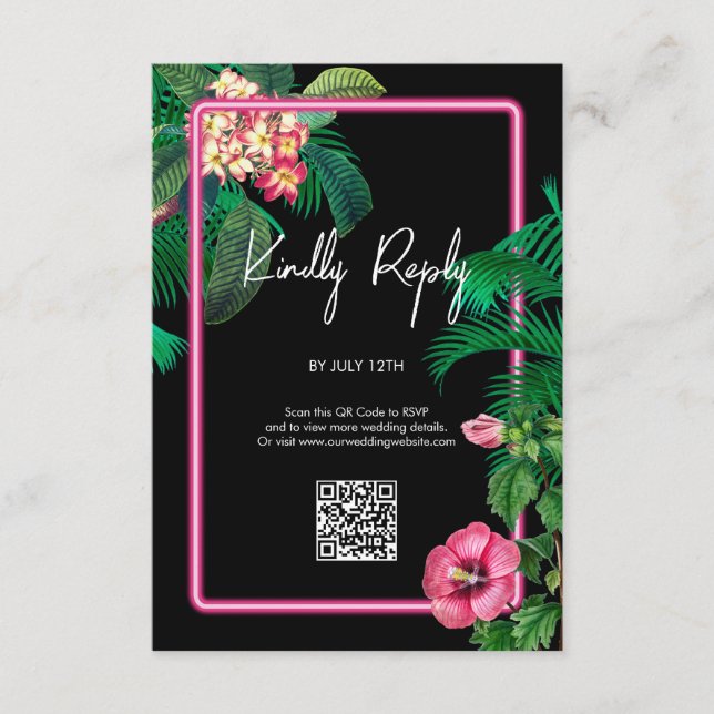 Tarjeta De Recepción Boda Botánico Retro Tropical Neón Rosa (Anverso)