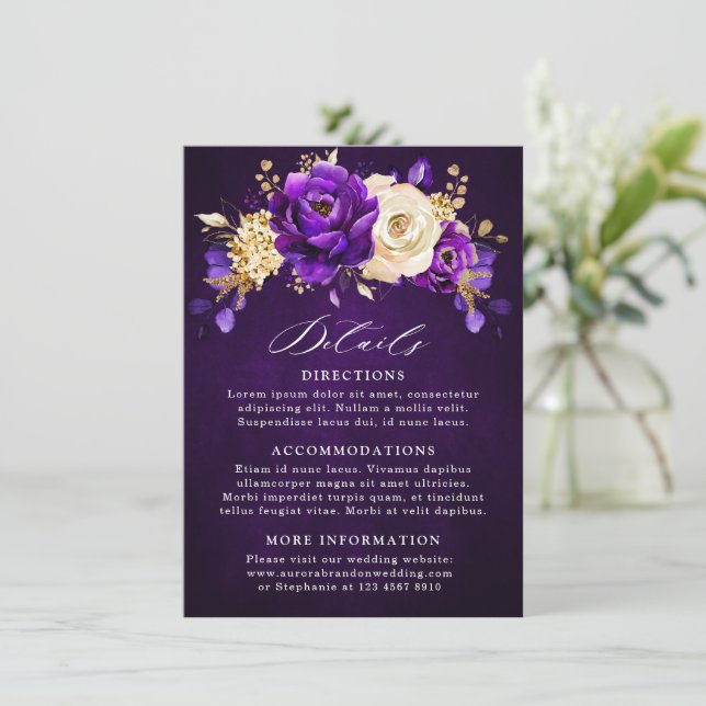 Tarjeta De Recepción Boda Botánico Royal Purple Violet Gold Floral (Anverso de pie)