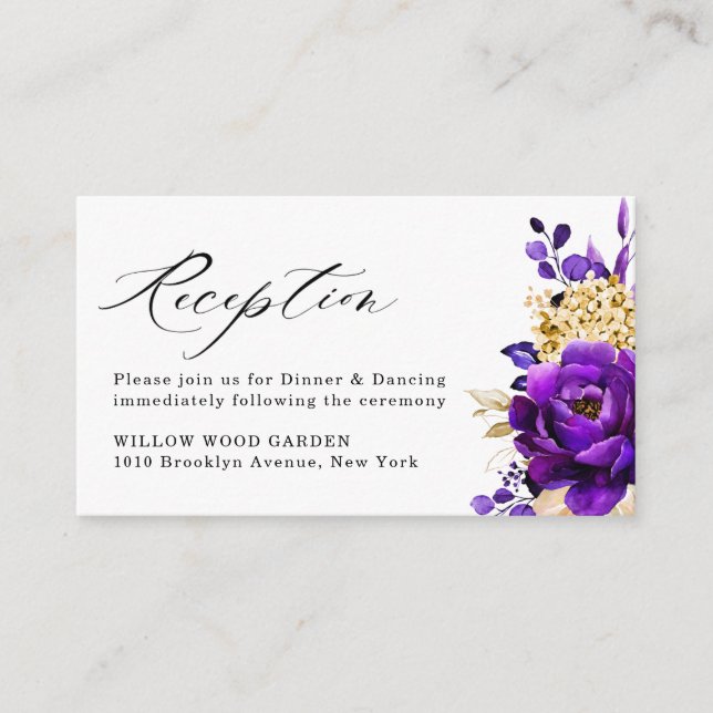 Tarjeta De Recepción Boda Botánico Royal Purple Violet Gold Floral (Anverso)