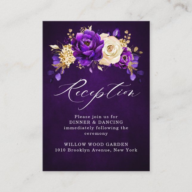 Tarjeta De Recepción Boda Botánico Royal Purple Violet Gold Floral (Anverso)