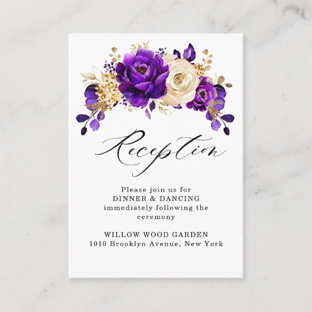 Tarjeta De Recepción Boda Botánico Royal Purple Violet Gold Floral (Anverso)