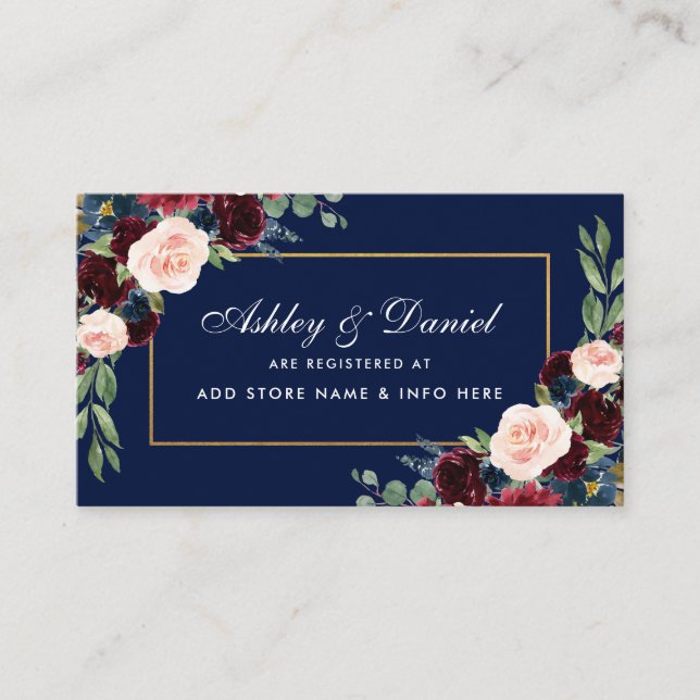 Tarjeta De Recepción Boda Burgundy Blue Floral Registry Insert Card (Anverso)