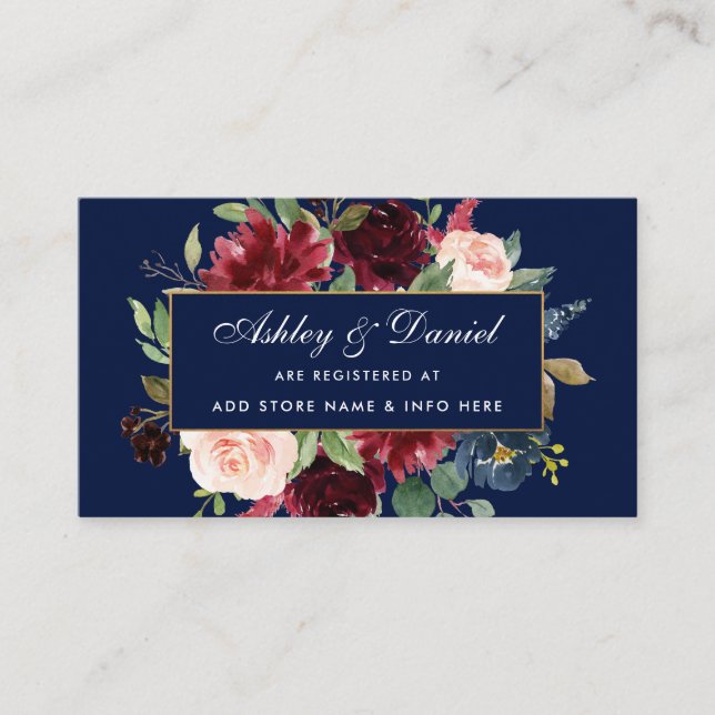 Tarjeta De Recepción Boda Burgundy Blue Floral Registry Insert Card (Anverso)