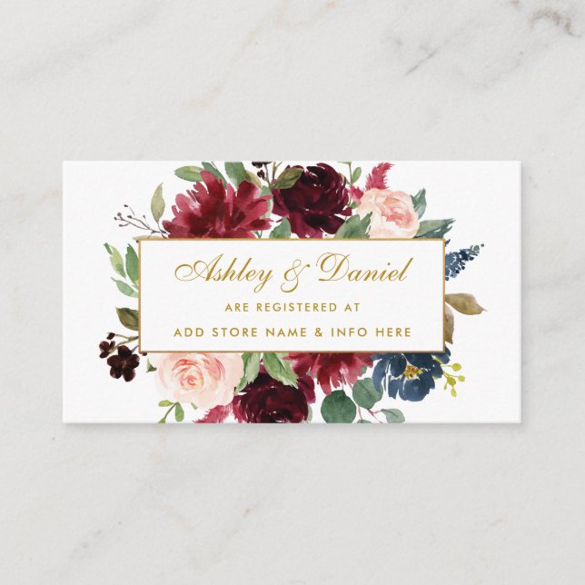 Tarjeta De Recepción Boda Burgundy Blue Gold Registry Insert Card BG (Anverso)