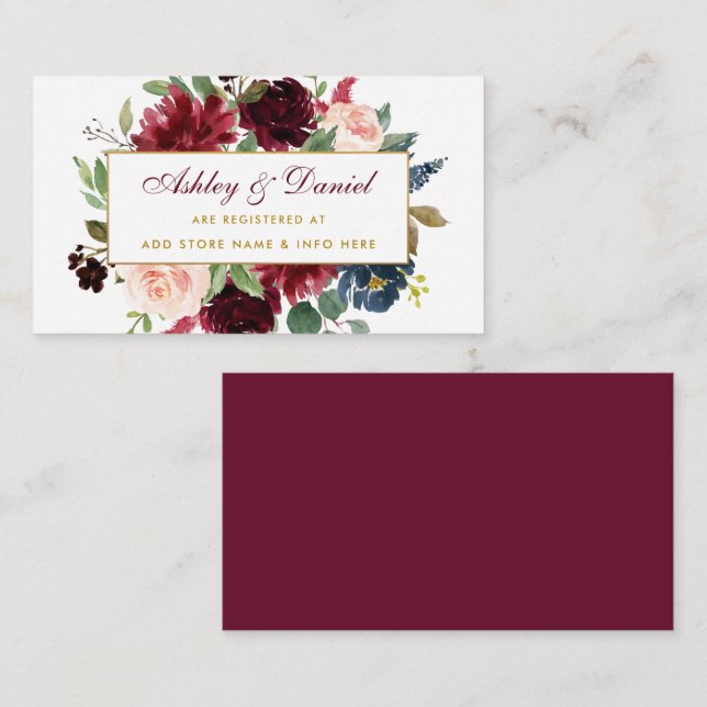 Tarjeta De Recepción Boda Burgundy Blue Gold Registry Insert Card GB (Anverso / Reverso)