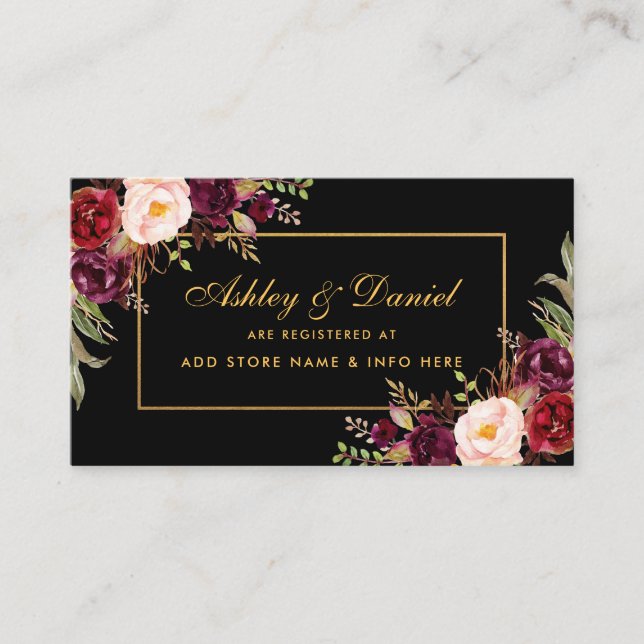 Tarjeta De Recepción Boda Burgundy Floral Black Registry Insert Card (Anverso)