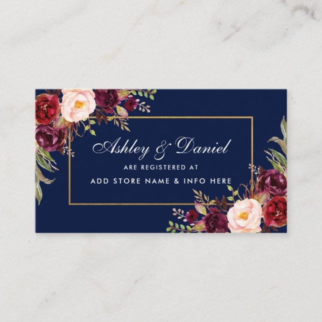 Tarjeta De Recepción Boda Burgundy Floral Blue Registry Insert Card (Anverso)