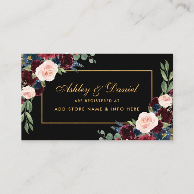 Tarjeta De Recepción Boda Burgundy Floral Registry Black Insert Card (Anverso)