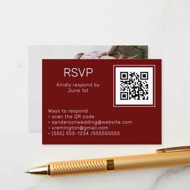 Tarjeta De Recepción Boda Burgundy RSVP Online QR Code Photo (Anverso/Reverso In Situ)
