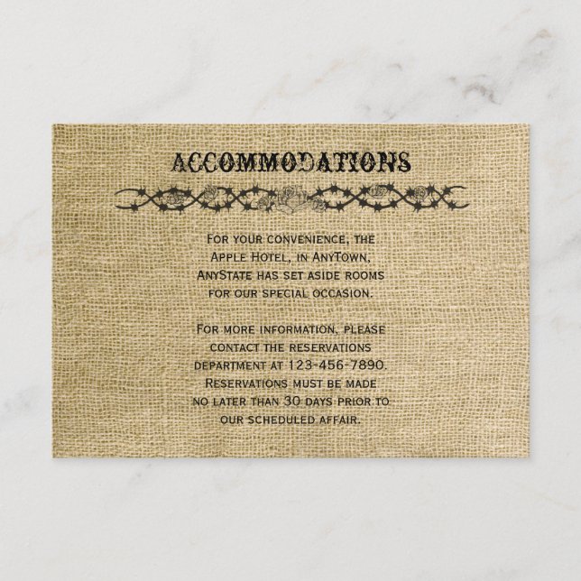 Tarjeta De Recepción Boda Burlap occidental Insertar (Anverso)