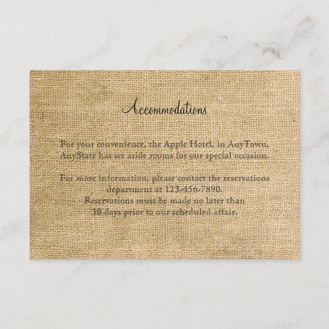 Tarjeta De Recepción Boda Burlap y Birch Posh Insertar (Anverso)