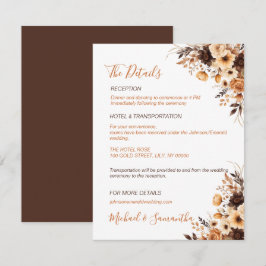 Tarjeta De Recepción Boda Campestre Otoñal en Marrón Oxidado y Rosa Mar