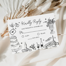 Tarjeta De Recepción Boda caprichosa de mano blanca y negra RSVP