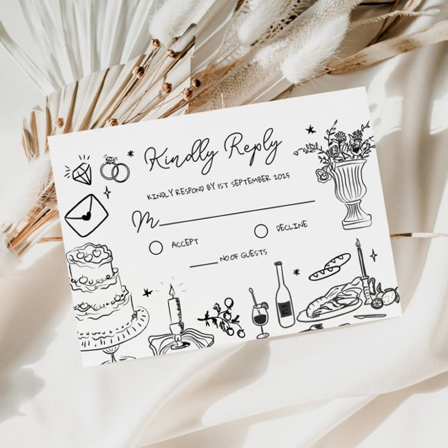 Tarjeta De Recepción Boda caprichosa de mano blanca y negra RSVP (Subido por el creador)
