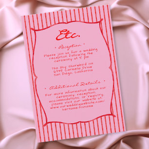 Tarjeta De Recepción Boda caprichosa de rayas de acuarela rojas y rosad