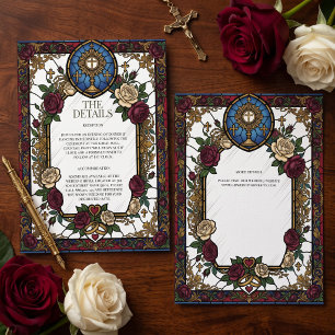 Tarjeta De Recepción Boda católica con vidrieras de rosa borgoña