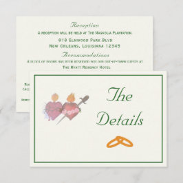 Tarjeta De Recepción Boda Católica Forest Green y Crema Dos Corazones