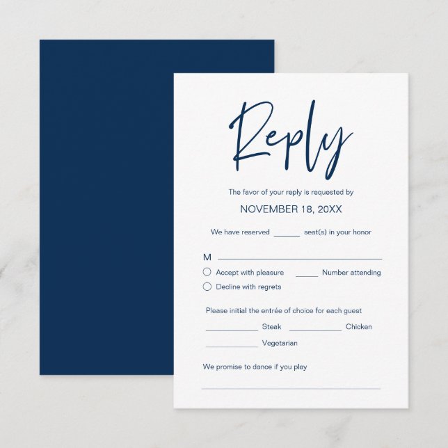 Tarjeta De Recepción Boda Cena RSVP, opción de comida, petición de canc (Anverso / Reverso)